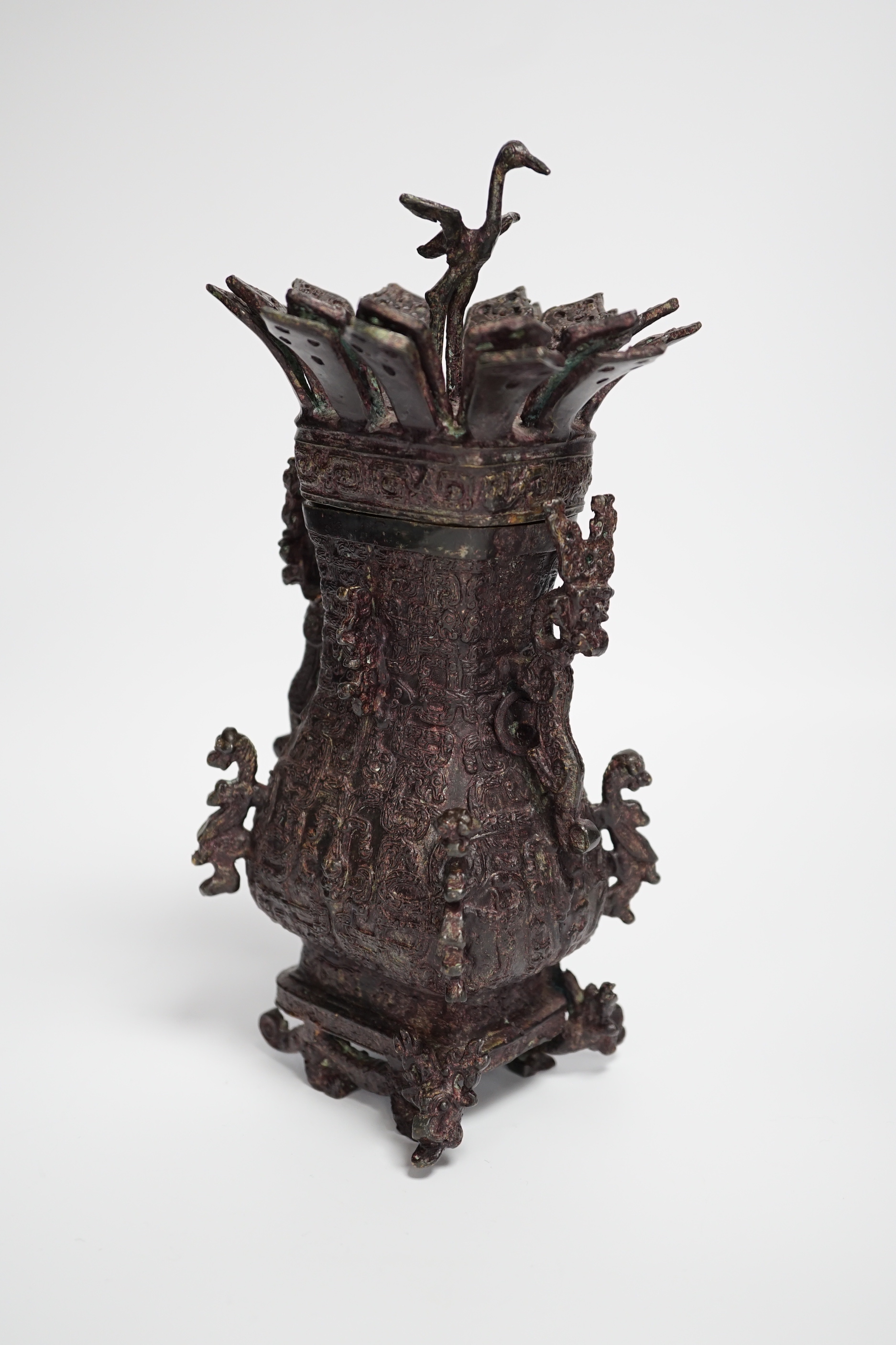 A Chinese Archaic style bronze vessel and cover - Ming or later, 23cm high